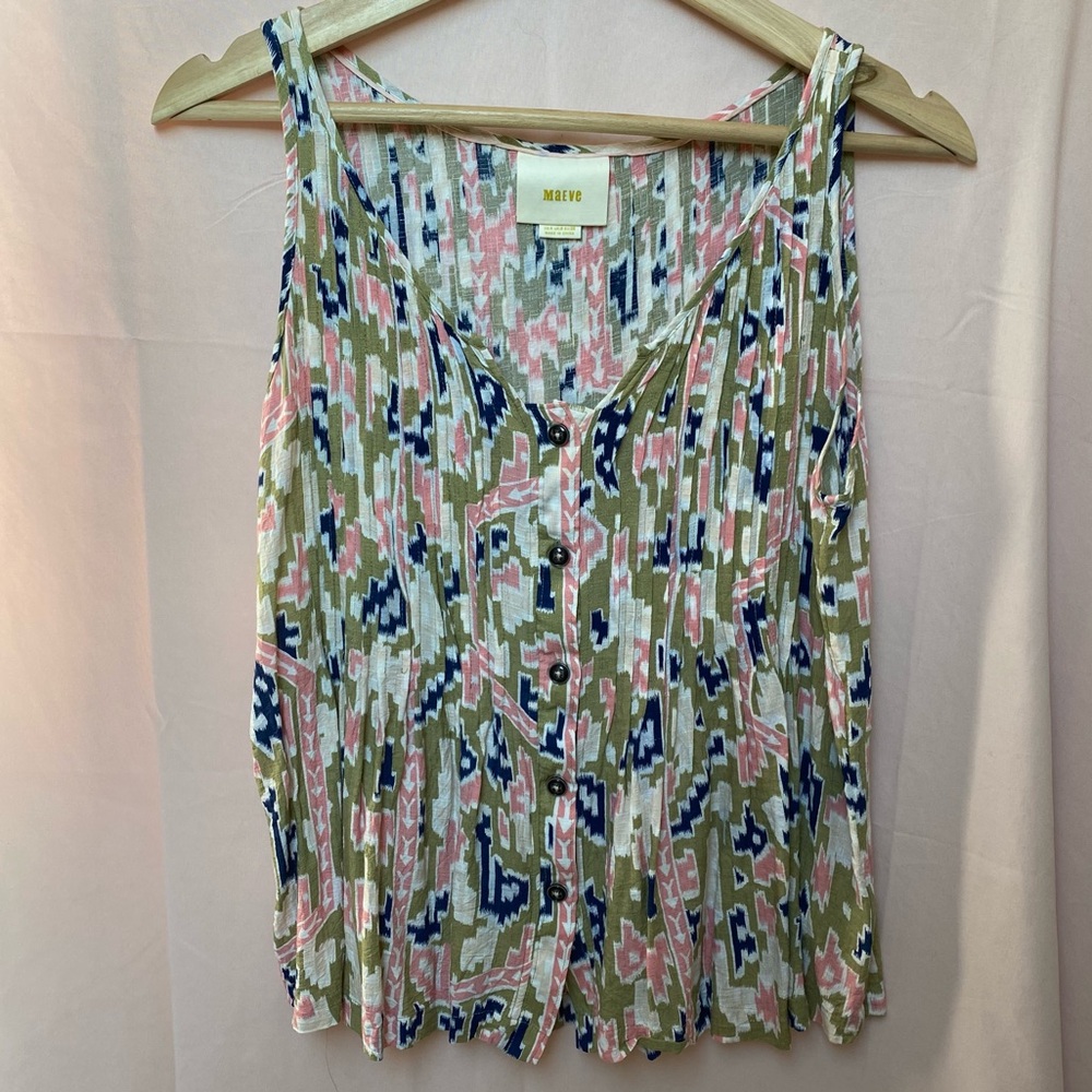 Anthropologie MAEVE Boho Tribal Print Button Front Tank Top Size US 4 Pintuck